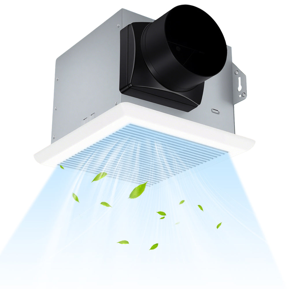 Ceiling mount bathroom exhaust fan with metal housing, 80 CFM airflow, designed for quiet ventilation in small spaces.
