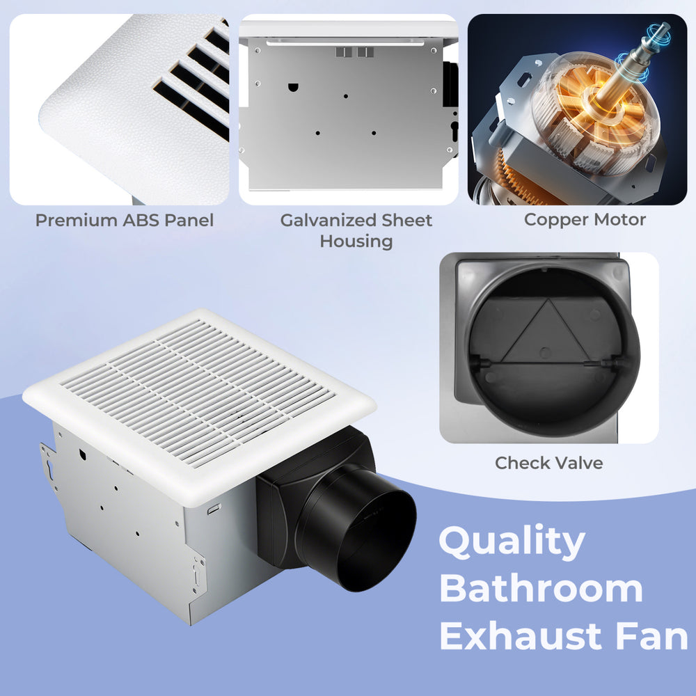 Ceiling mount bathroom exhaust fan with galvanized housing, 80 CFM airflow, and advanced check valve for efficient.