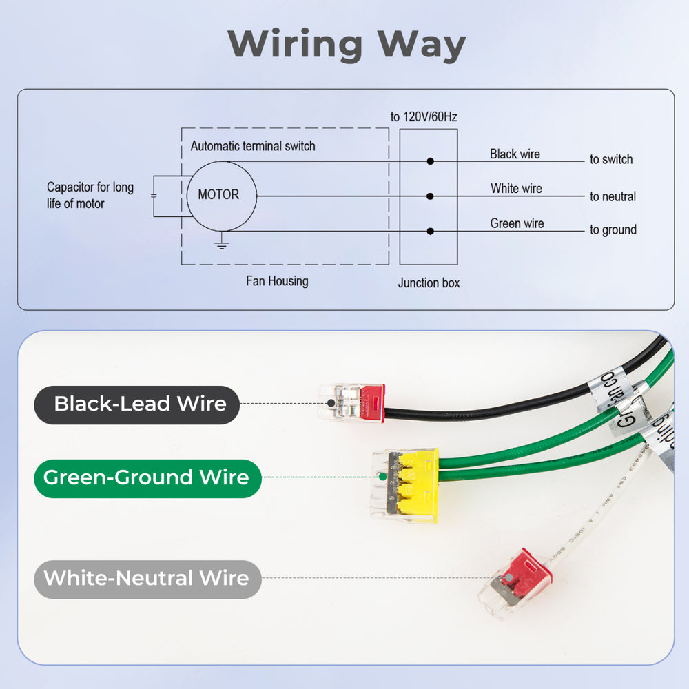 Wiring diagram for 80 CFM ceiling mount bathroom exhaust fan showing black-lead, green-ground, and white-neutral wires.