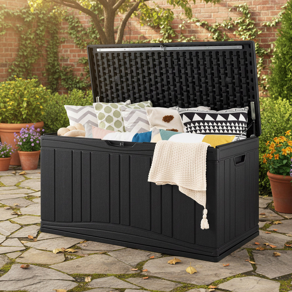Black 80-gallon outdoor deck box with lockable lid, ideal for storing cushions and tools, featuring a stylish wood-look texture.