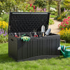 Black 80-gallon outdoor deck box with lockable lid, ideal for storing garden tools and cushions in any weather.
