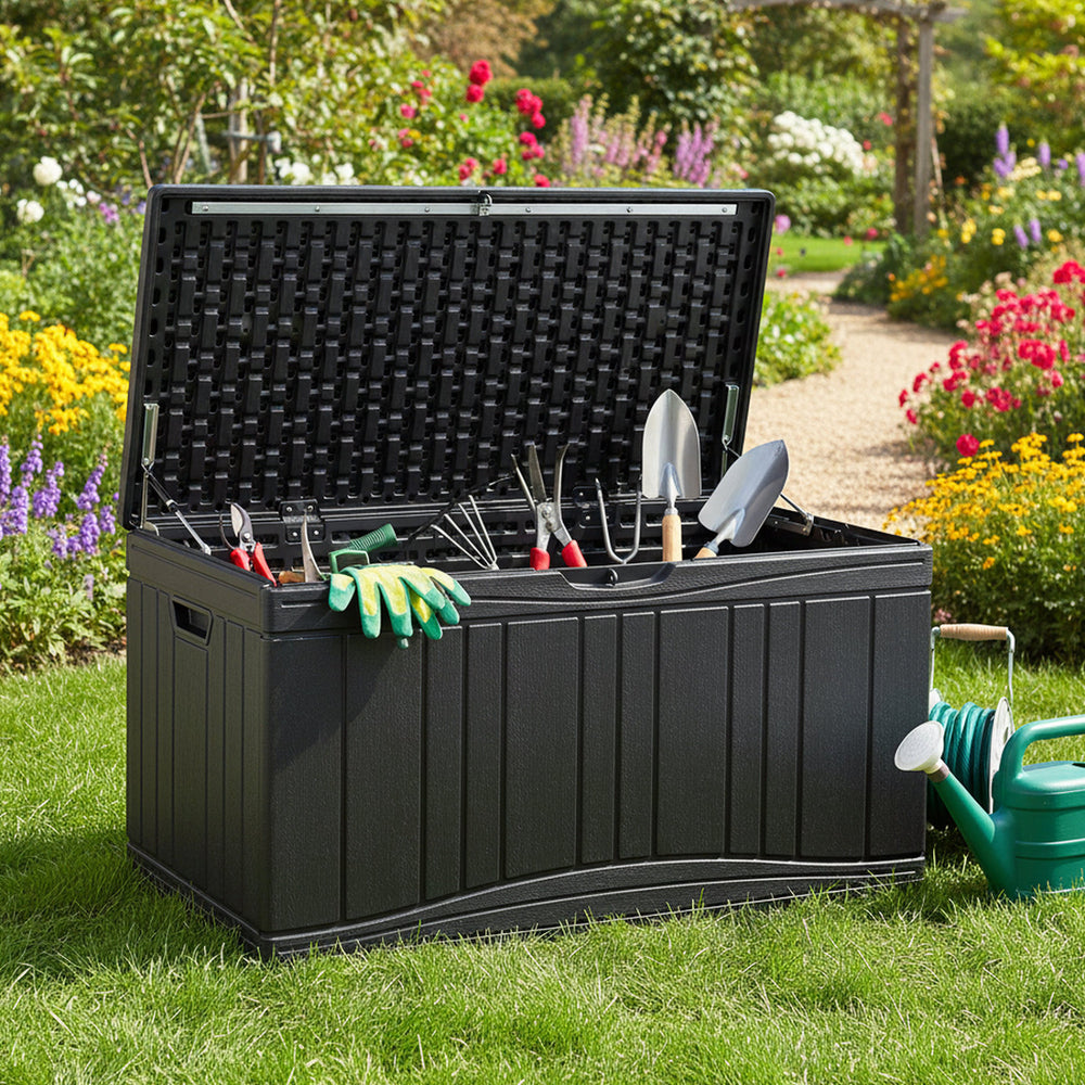 Black 80-gallon outdoor deck box with lockable lid, ideal for storing garden tools and cushions in any weather.