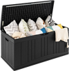 Black 80-gallon outdoor deck box with lockable lid, ideal for storing cushions and tools while providing extra seating.
