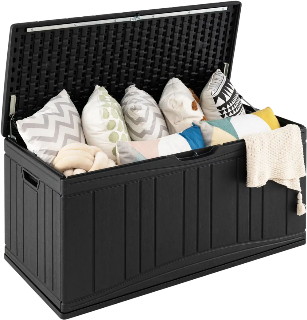 Black 80-gallon outdoor deck box with lockable lid, ideal for storing cushions and tools while providing extra seating.