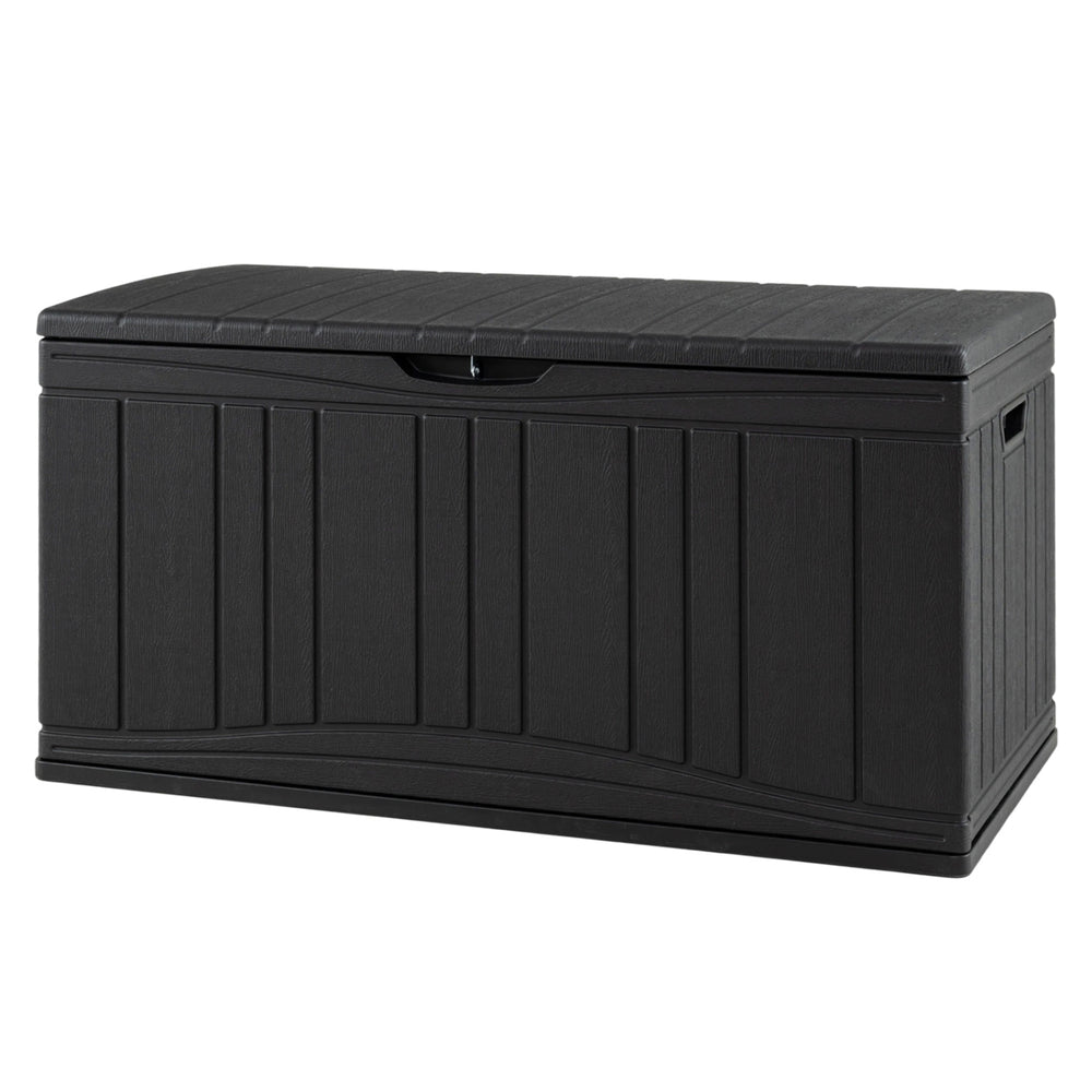 Black 80-gallon outdoor deck box with lockable lid, ideal for storing cushions and tools, featuring a wood-look texture.