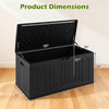 Black 80-gallon outdoor deck box with lockable lid, dimensions 45” x 22” x 24”, ideal for storing garden tools and cushions.