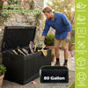 80-gallon black outdoor deck box with lockable lid, ideal for storing garden tools, cushions, and pool accessories.