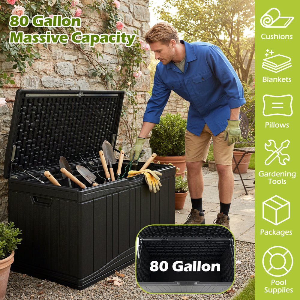 80-gallon black outdoor deck box with lockable lid, ideal for storing garden tools, cushions, and pool accessories.