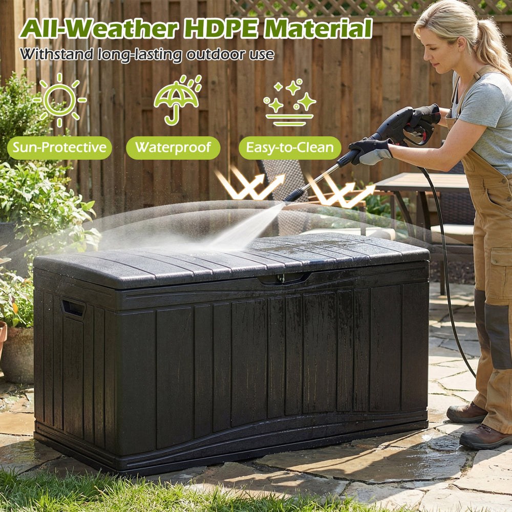 80-gallon black outdoor deck box with lockable lid, made of all-weather HDPE, ideal for storing garden tools and cushions.