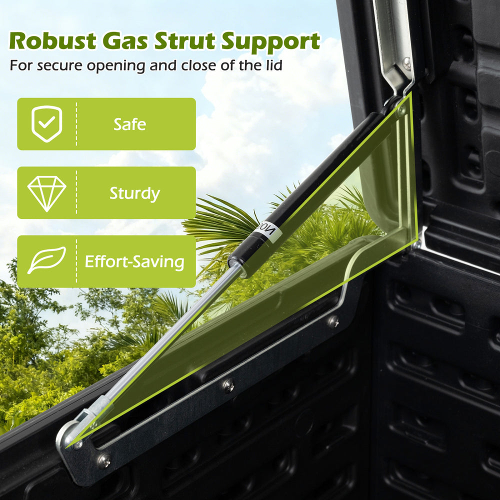 Robust gas strut support ensures safe and effortless opening of the 80-gallon outdoor deck box with a lockable lid.