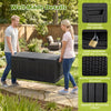 80-gallon black outdoor deck box with lockable lid, reinforced honeycomb structure, and wood-look texture for garden storage.