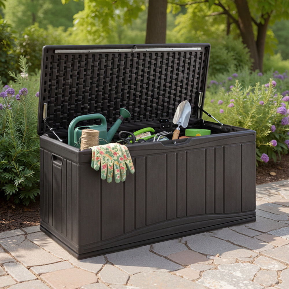 80 Gallon Outdoor Deck Box with Lockable Lid for Garden Tools Cushions-Brown - Gallery View 1 of 10
