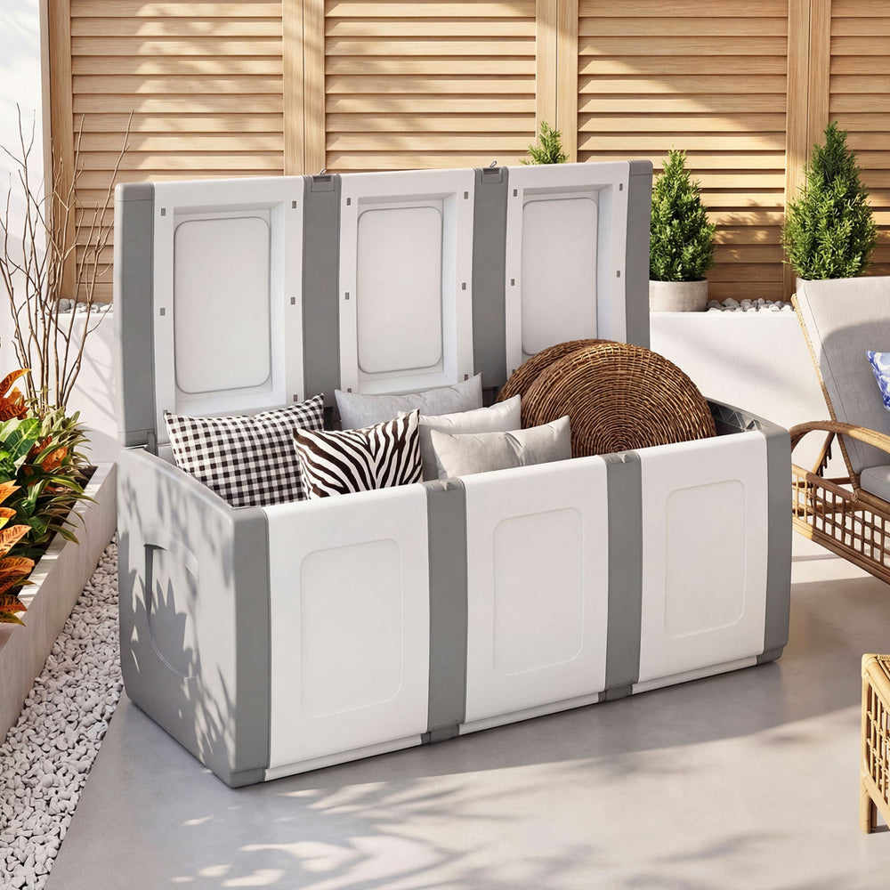 Gray 80-gallon patio container with lockable lid, showcasing a stylish dual-tone design for outdoor storage and.