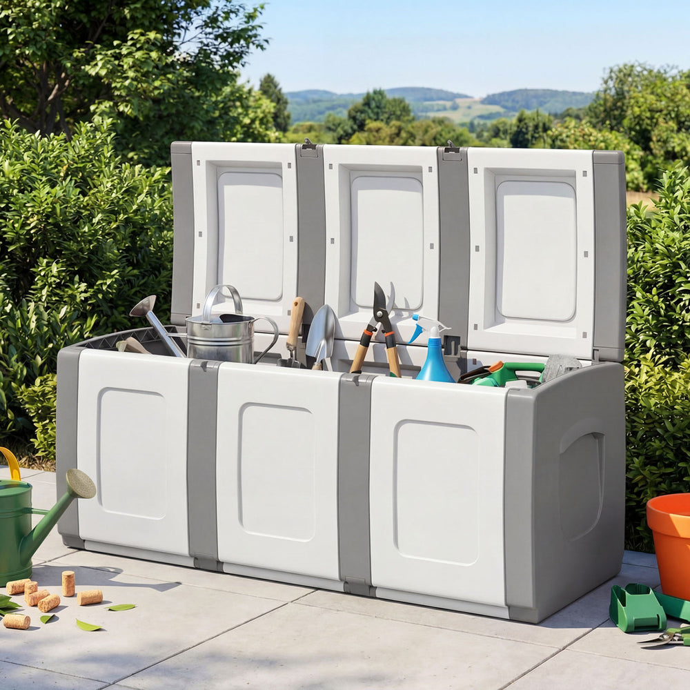 80-gallon gray patio container with lockable lid, showcasing tools and supplies, ideal for outdoor storage and.