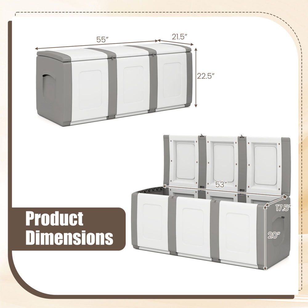 80-gallon gray patio container with lockable lid, showing dimensions for efficient outdoor storage and stylish design.