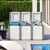 80-gallon gray patio container with lockable lid, storing outdoor supplies and cushions, ideal for stylish organization.
