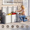 80-gallon gray patio container with lockable lid, storing outdoor supplies, ideal for garden tools and cushions.