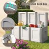80-gallon gray patio container with lockable lid, side handles, and air vents for outdoor storage and convenience.