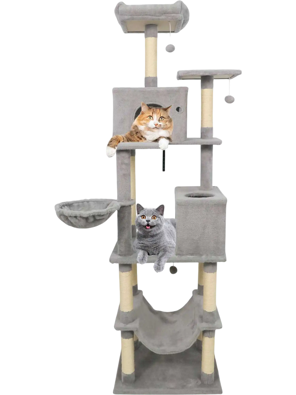 Tall cat tree in light gray with 2 large condos, soft perches, and dangling toys for playful relaxation.