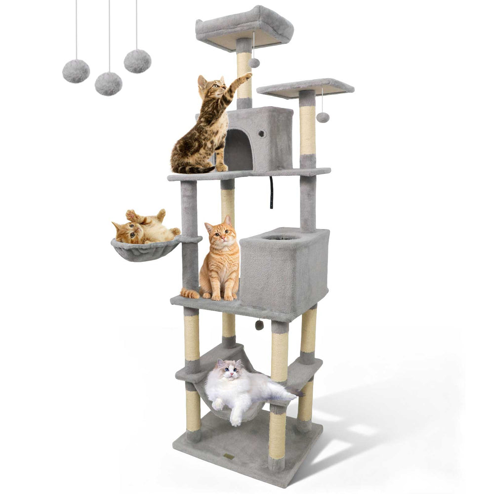 Tall light gray cat tree with 2 large condos, plush perches, and dangling toys for multiple cats to play and relax.