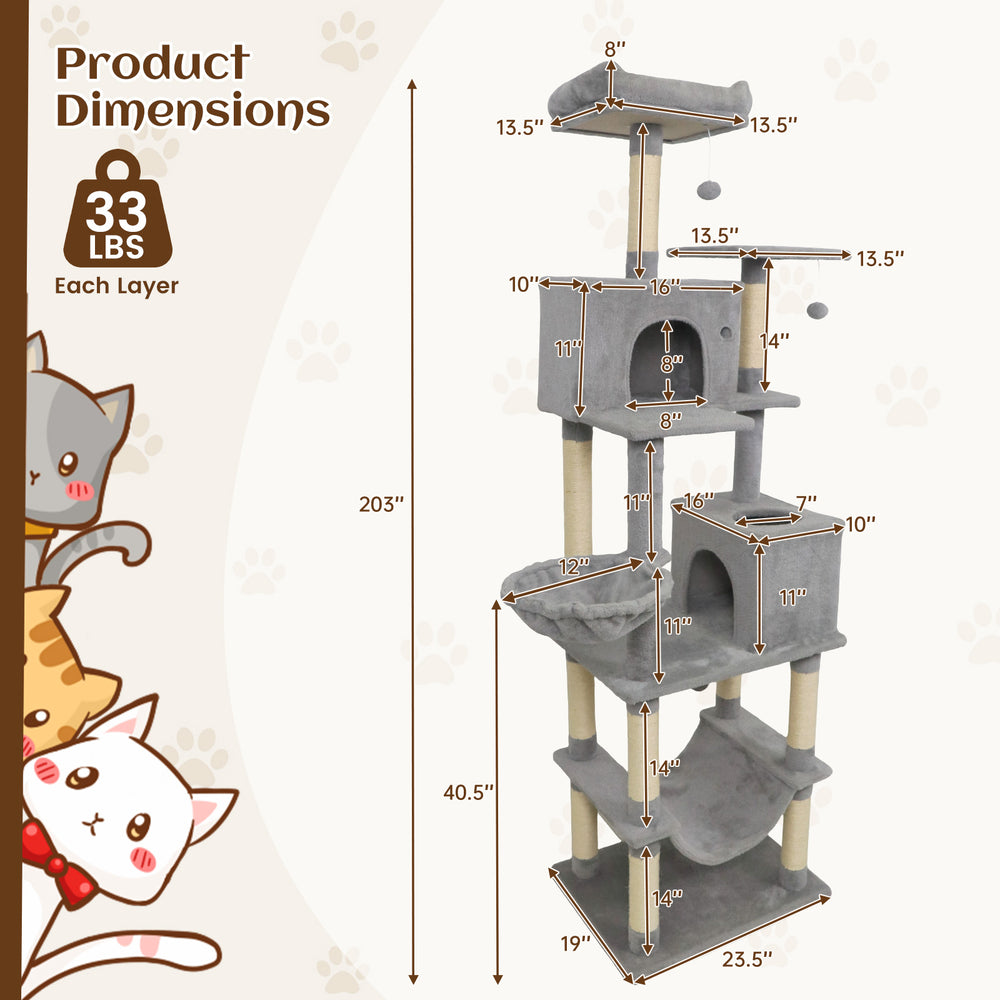 80-inch tall light gray cat tree with 2 large condos, plush perches, and sisal scratching posts for multiple cats.