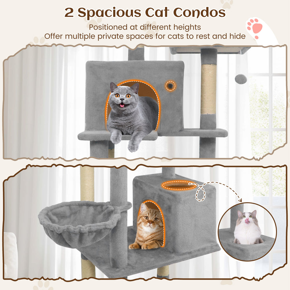 Two spacious cat condos in light gray, featuring soft plush fabric and multiple private spaces for resting and hiding.