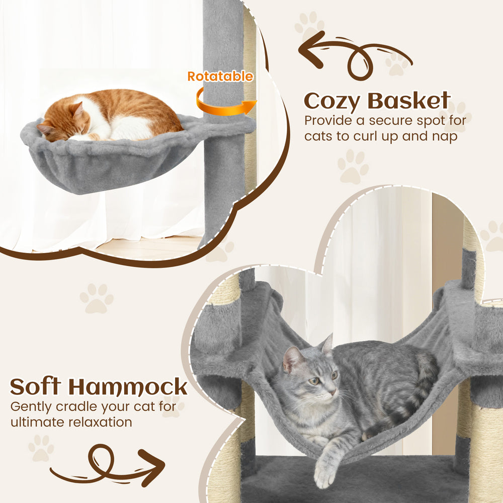Cozy basket and soft hammock on the 80-inch tall cat tree, perfect for lounging and napping in light gray.