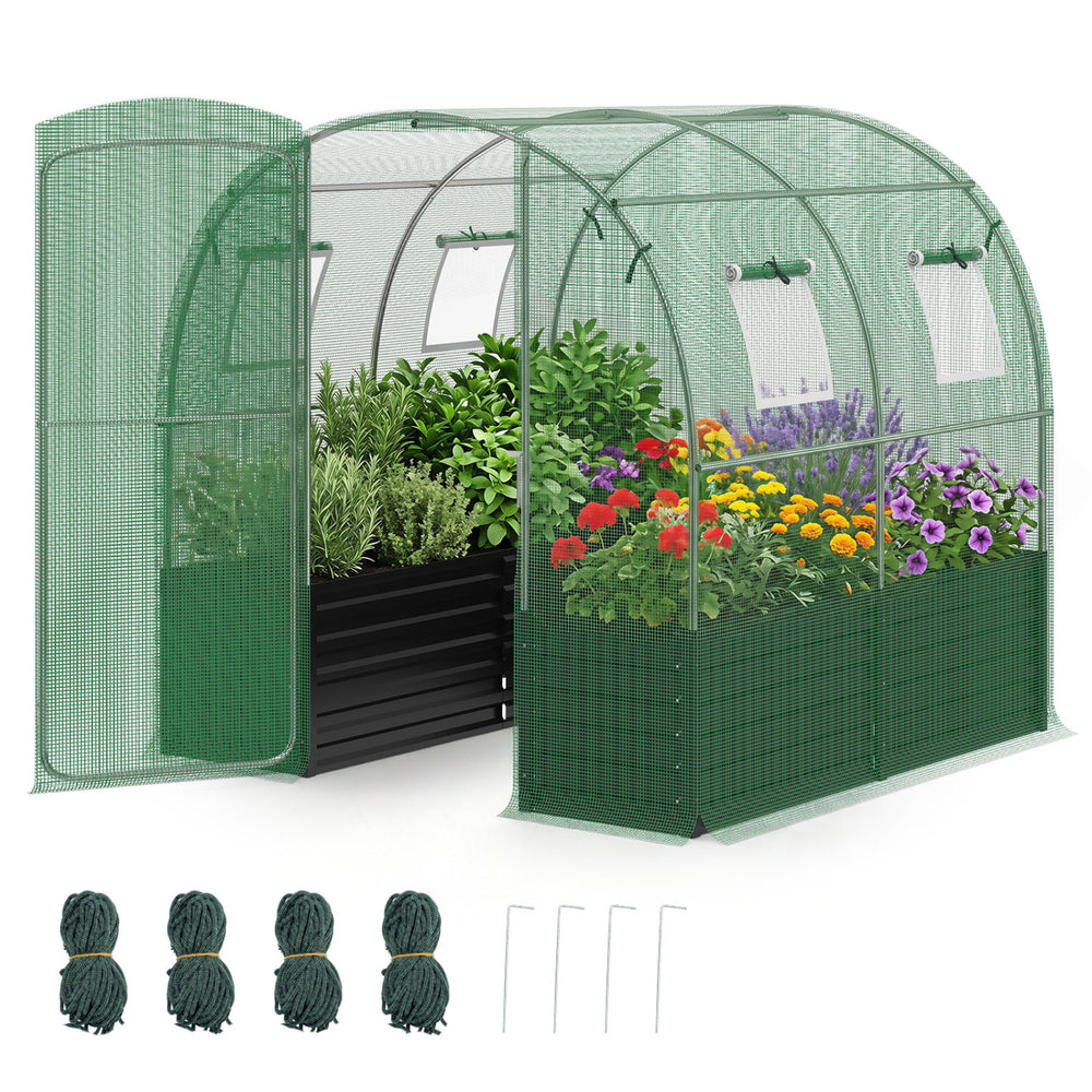 Walk-in greenhouse featuring a spacious design with a sturdy galvanized frame, ideal for organizing vegetables and flowers.