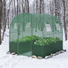 Walk-in greenhouse with heavy-duty PE cover, large plant bed, and mesh windows for year-round gardening in winter.