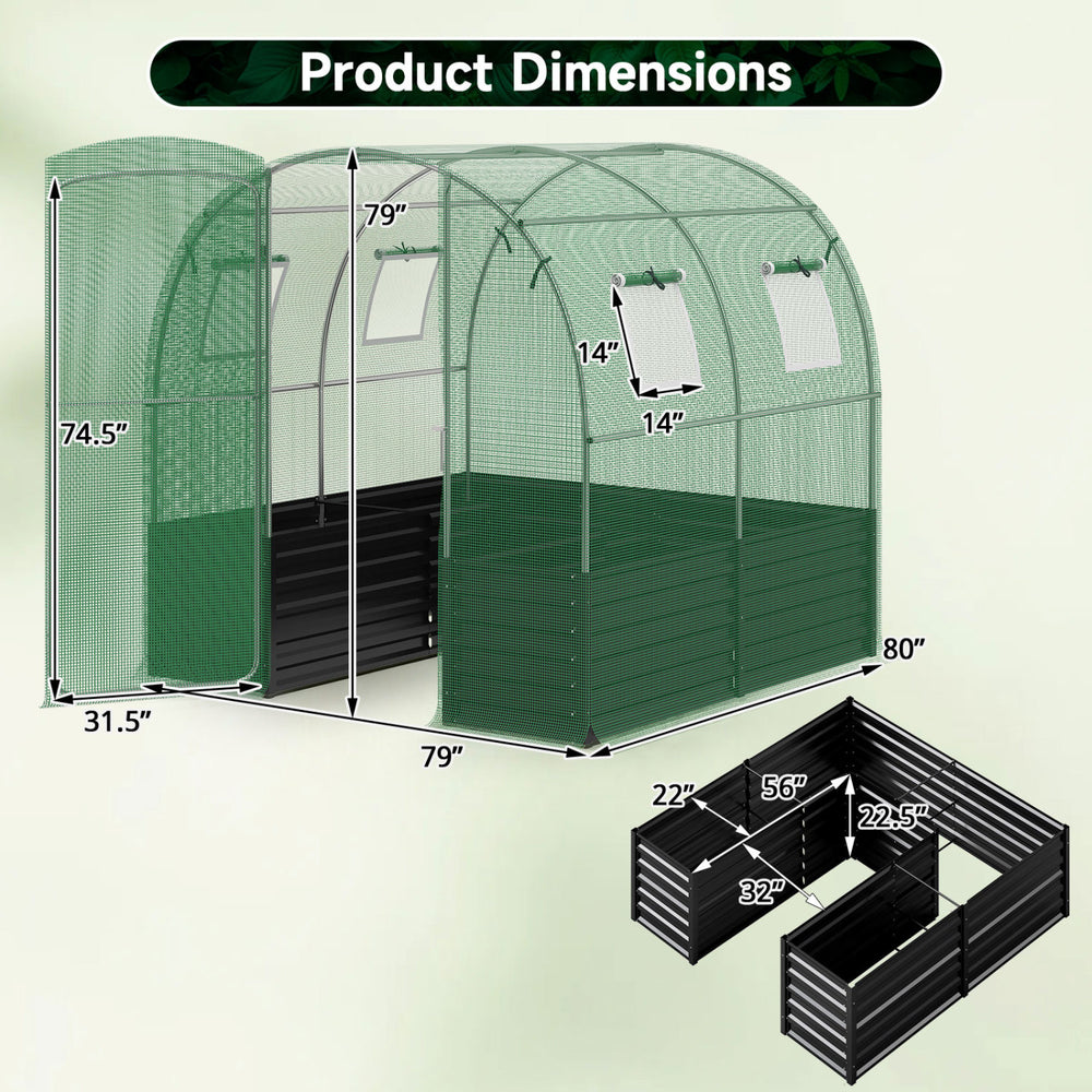 Walk-in greenhouse measuring 80x79x79 inches with heavy-duty PE cover, featuring large plant bed and ventilation windows.