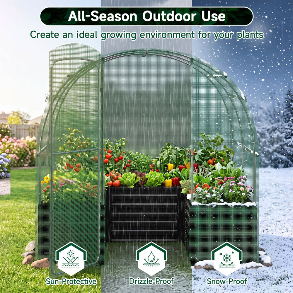Walk-in greenhouse with heavy-duty PE cover, featuring large plant bed and sun, drizzle, and snow protection for year-round use.