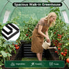 Spacious walk-in greenhouse with a heavy-duty design and sectional planter bed for growing vegetables, flowers, and fruits.