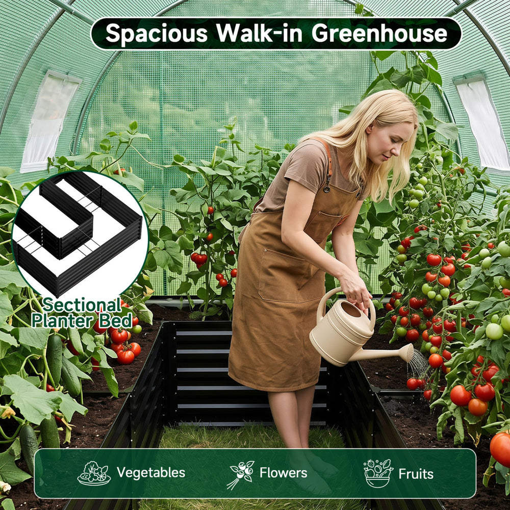 Spacious walk-in greenhouse with a heavy-duty design and sectional planter bed for growing vegetables, flowers, and fruits.