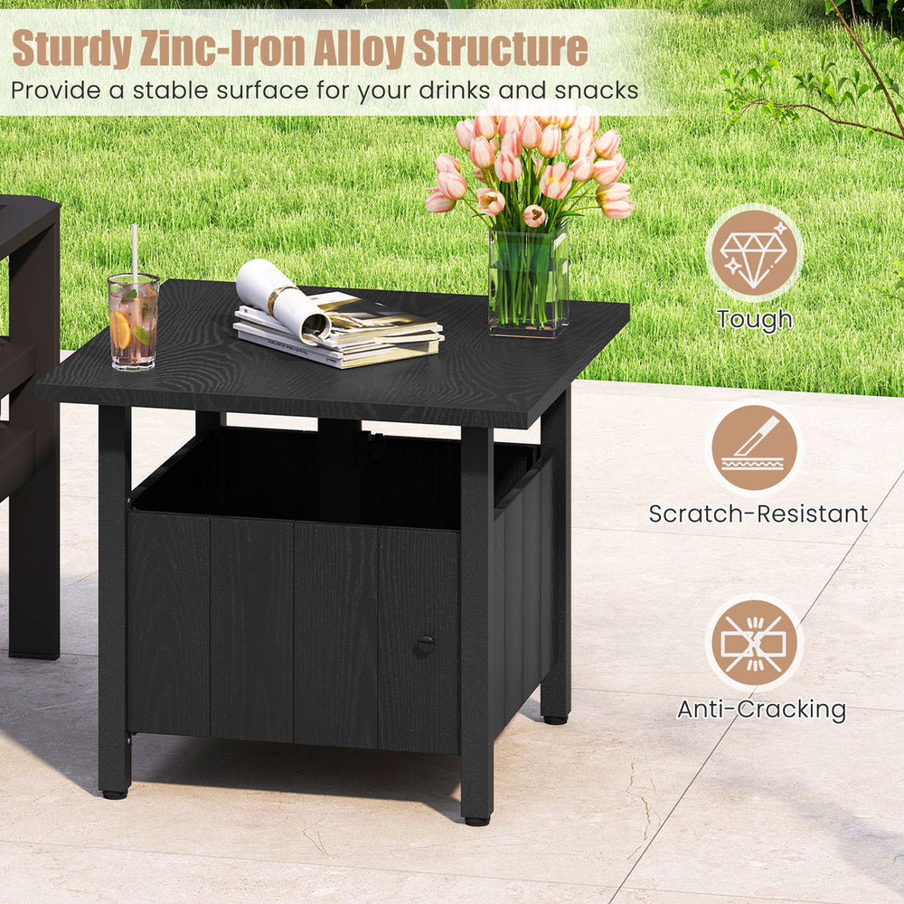 Outdoor side table in black with a wood-like surface, featuring a 1.89" umbrella hole for patio umbrellas.