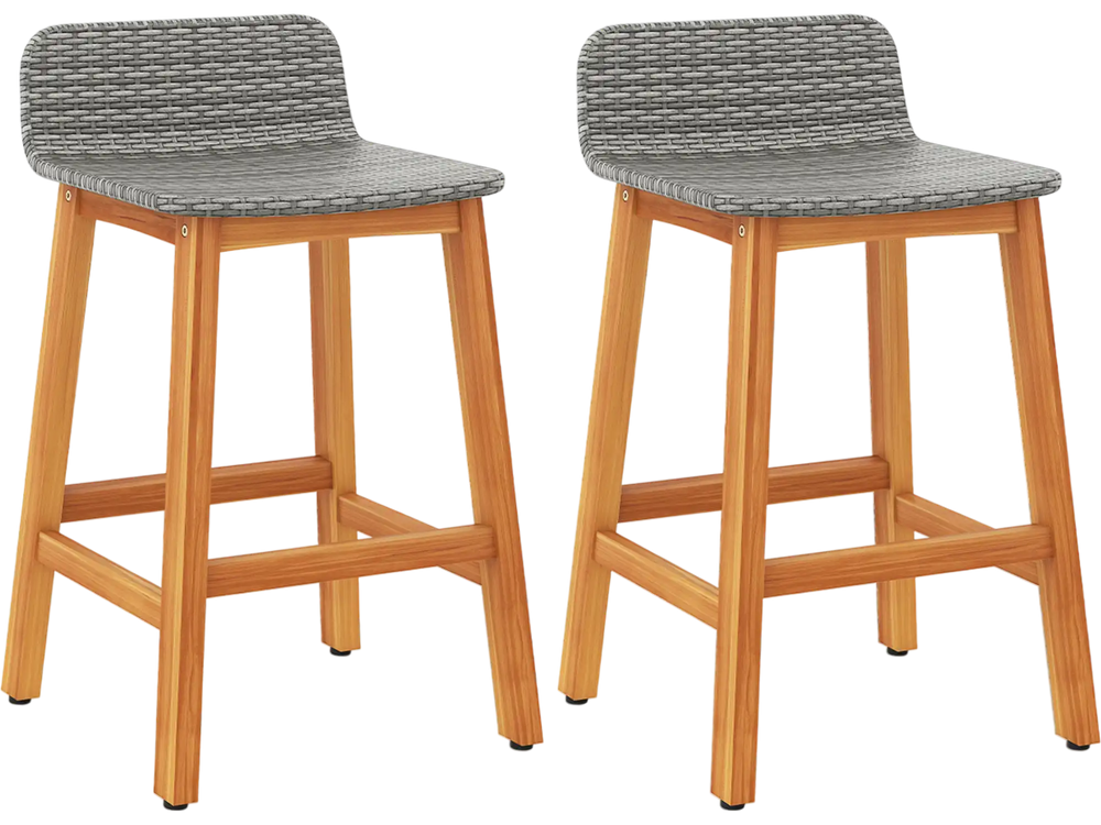 Set of 2 solid acacia wood bar stools with gray PE rattan seats, backrests, and footrests for outdoor use.