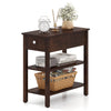 Narrow 3-tier end table in walnut with a drawer and storage shelves, ideal for small spaces in living rooms or offices.