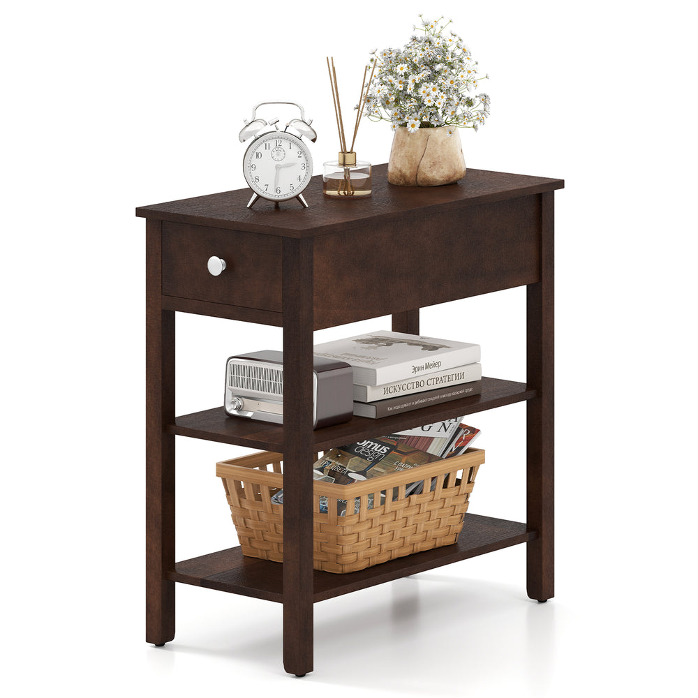 Narrow 3-tier end table in walnut with a drawer and storage shelves, ideal for small spaces in living rooms or offices.