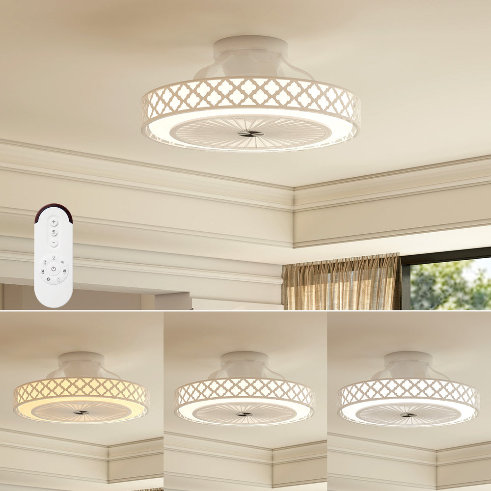 19-inch white ceiling fan with light, featuring adjustable brightness, remote control, and low-profile design for rooms.