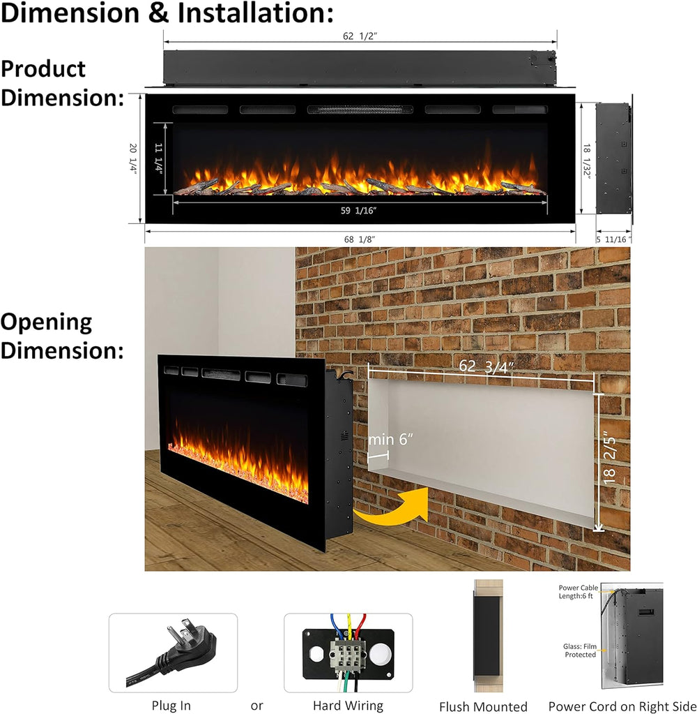 PuraFlame Alice Electric Fireplace 68" Recessed with Heater 1500W New