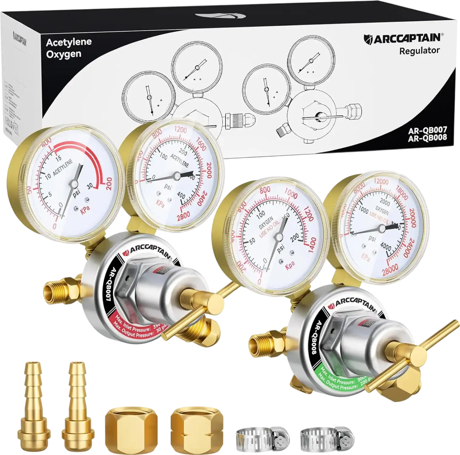 Arccaptain Oxygen and Acetylene Gas Regulators CGA540 and CGA510 Gauges New