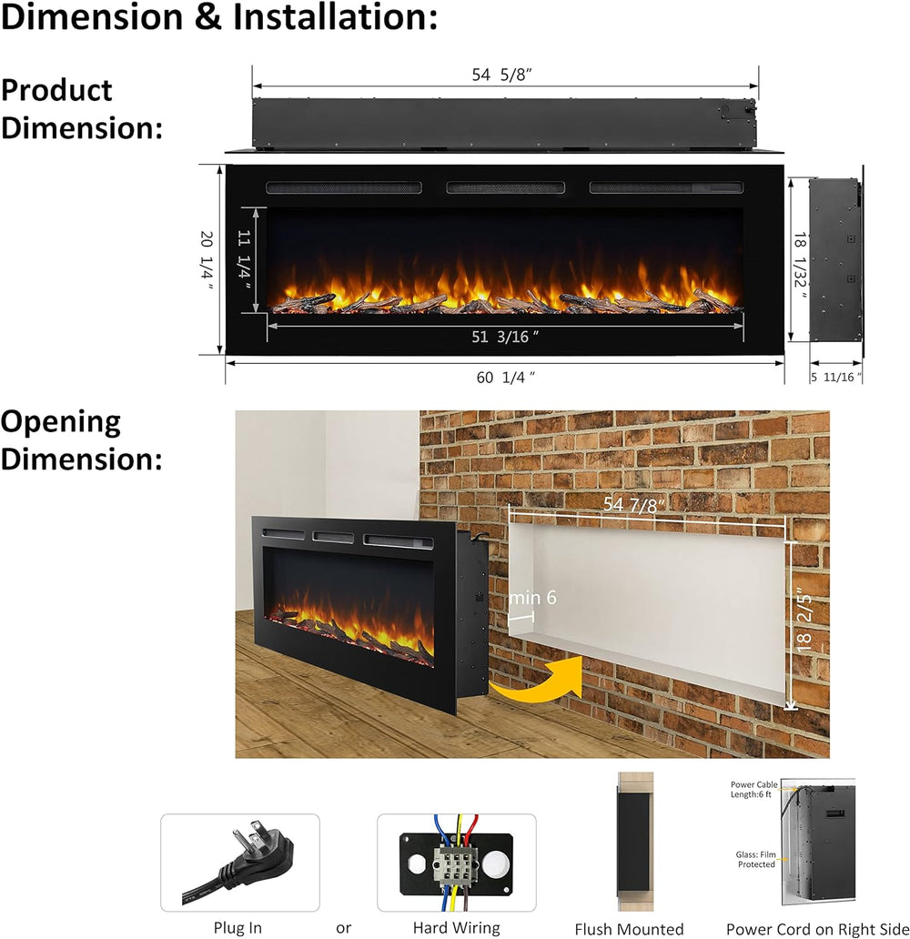 PuraFlame Alice Electric Fireplace 60" Recessed with Heater 1500W New