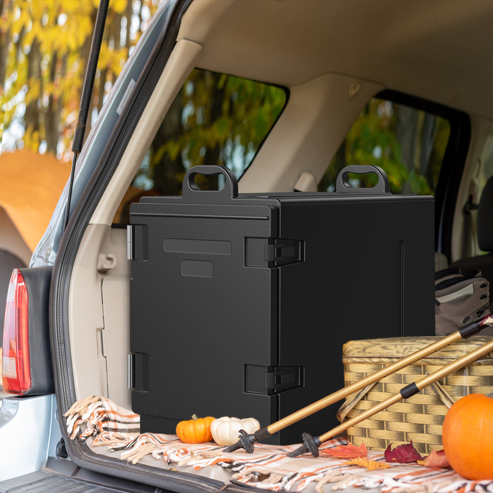 81-quart insulated food pan carrier in black, designed for optimal temperature retention and easy loading in vehicles.