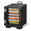 End-loading insulated food pan carrier in black with five food pans, designed for optimal temperature maintenance.
