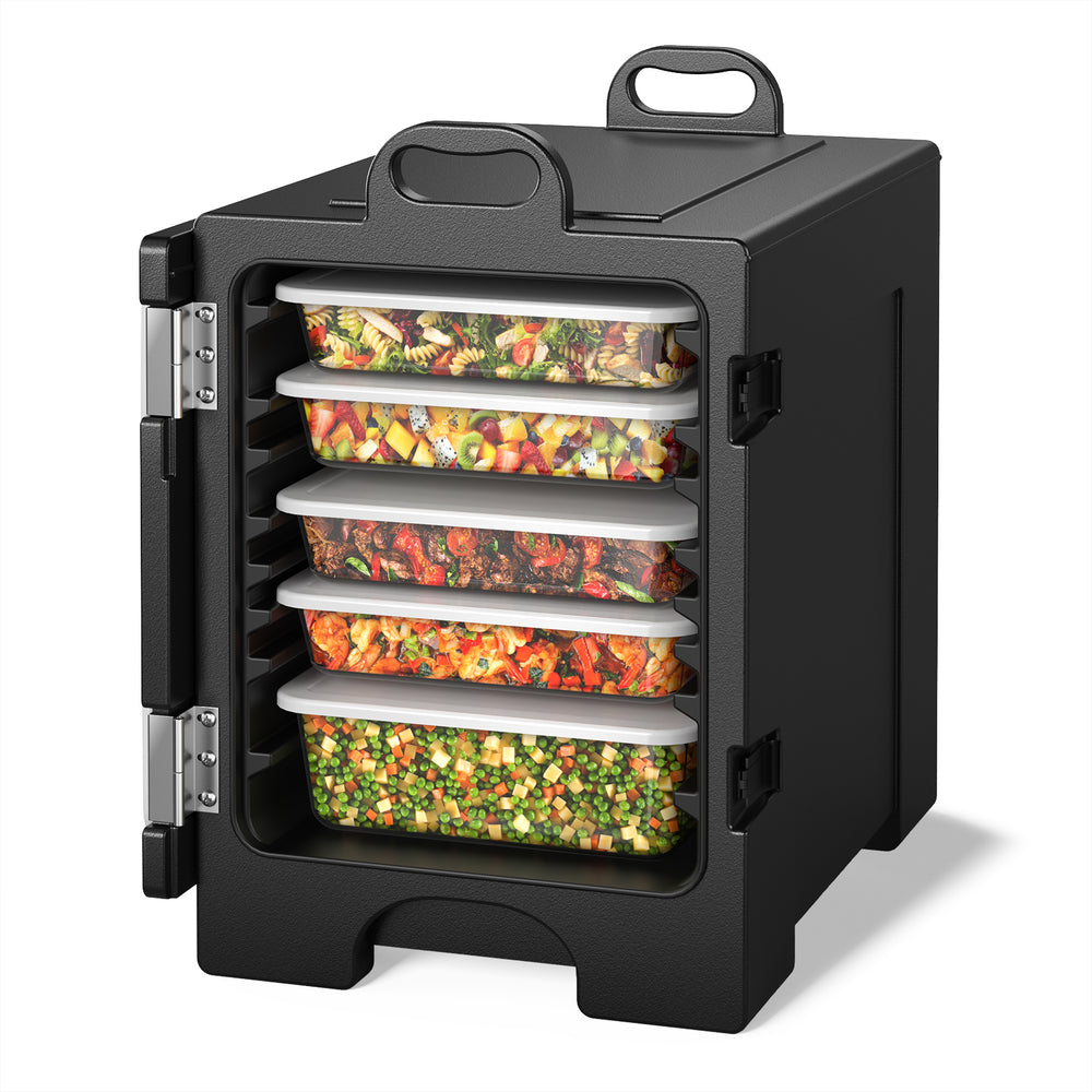 End-loading insulated food pan carrier in black with five food pans, designed for optimal temperature maintenance.