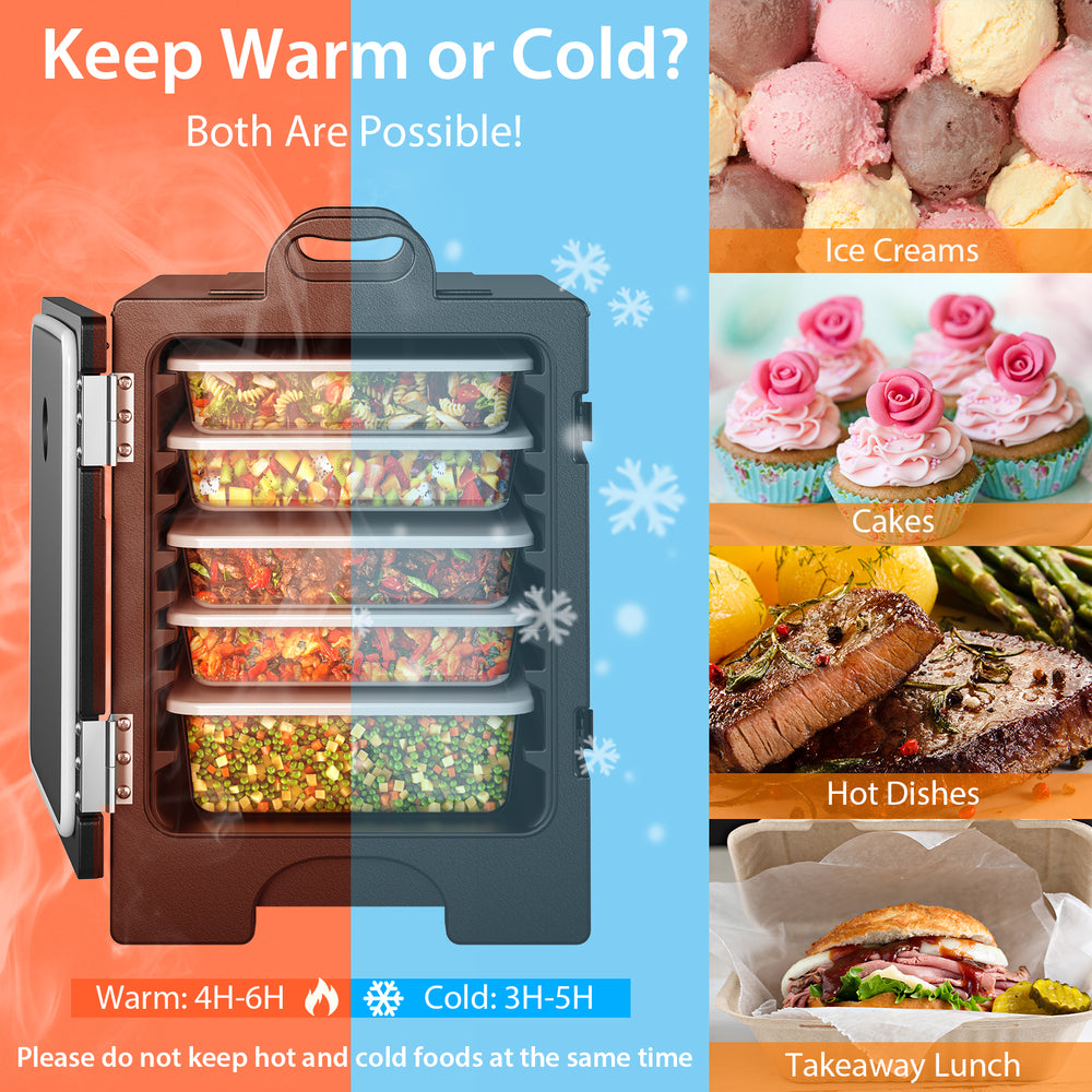 81-quart insulated food pan carrier in black with adjustable vent cap, ideal for keeping food hot or cold for hours.