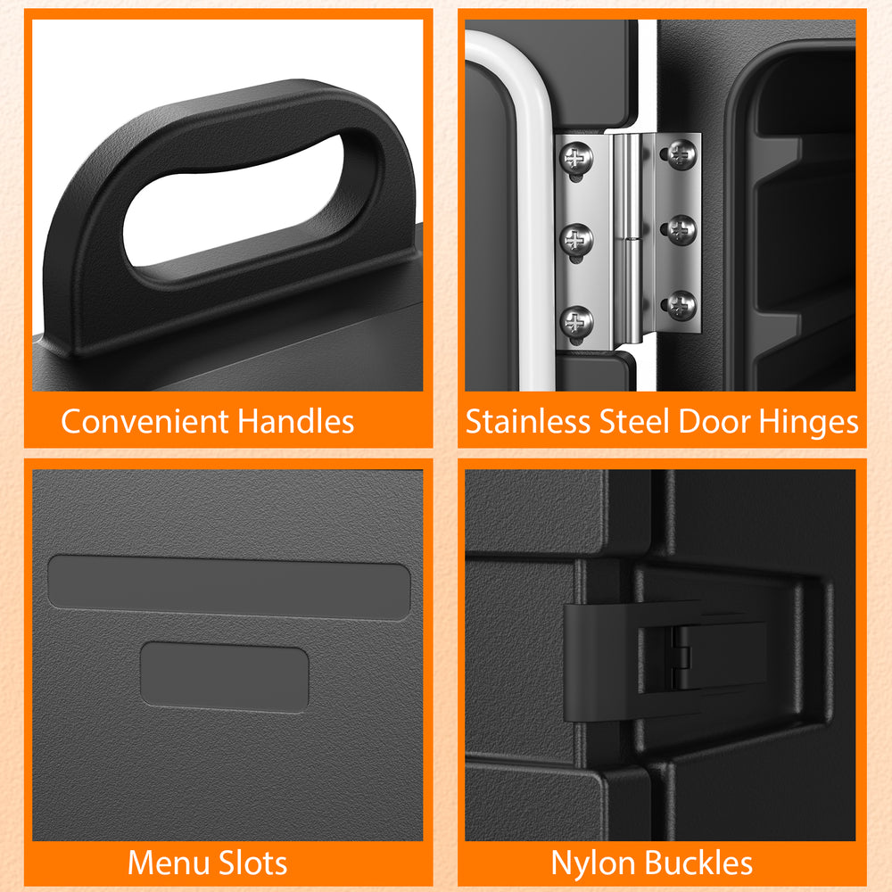 Close-up of convenient handles and stainless steel door hinges on the 81 Quart Insulated Food Pan Carrier for easy.