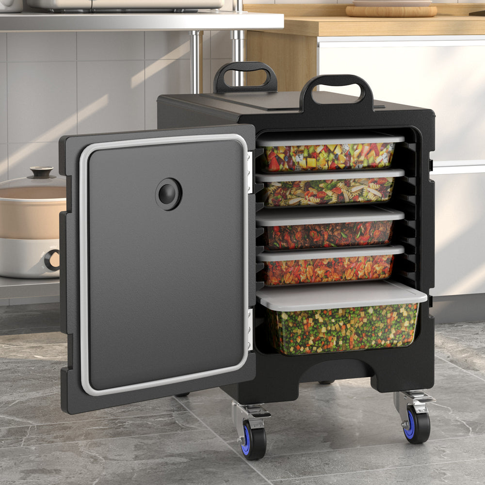 End-loading insulated food pan carrier with wheels, 81 Quart capacity, designed for easy transport and food storage.