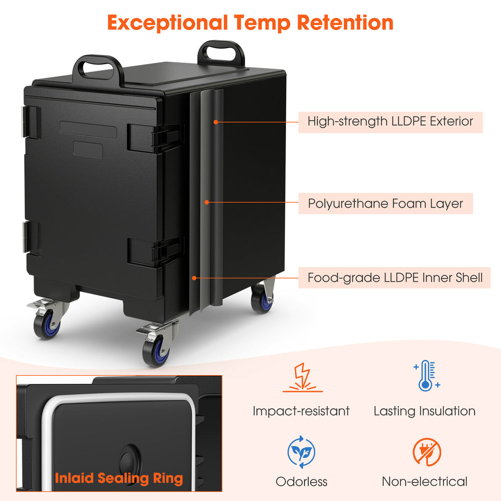 End-loading insulated food pan carrier with wheels, 81 quart capacity, durable LLDPE, ideal for transporting food.