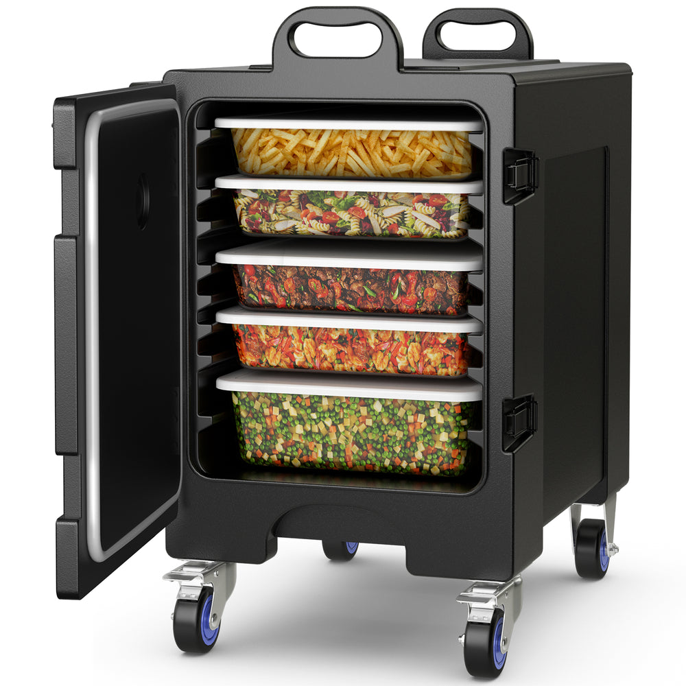Inside view of the 81 Quart insulated food pan carrier with multiple slots, ideal for organized food storage and.