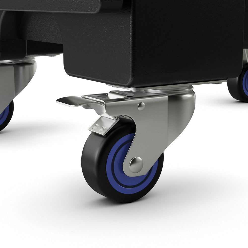 Close-up of the wheel on the 81 Quart insulated food pan carrier, designed for easy transport and stability.